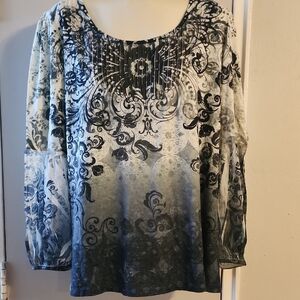 ONE WORLD Black and Gray Patterned Blouse